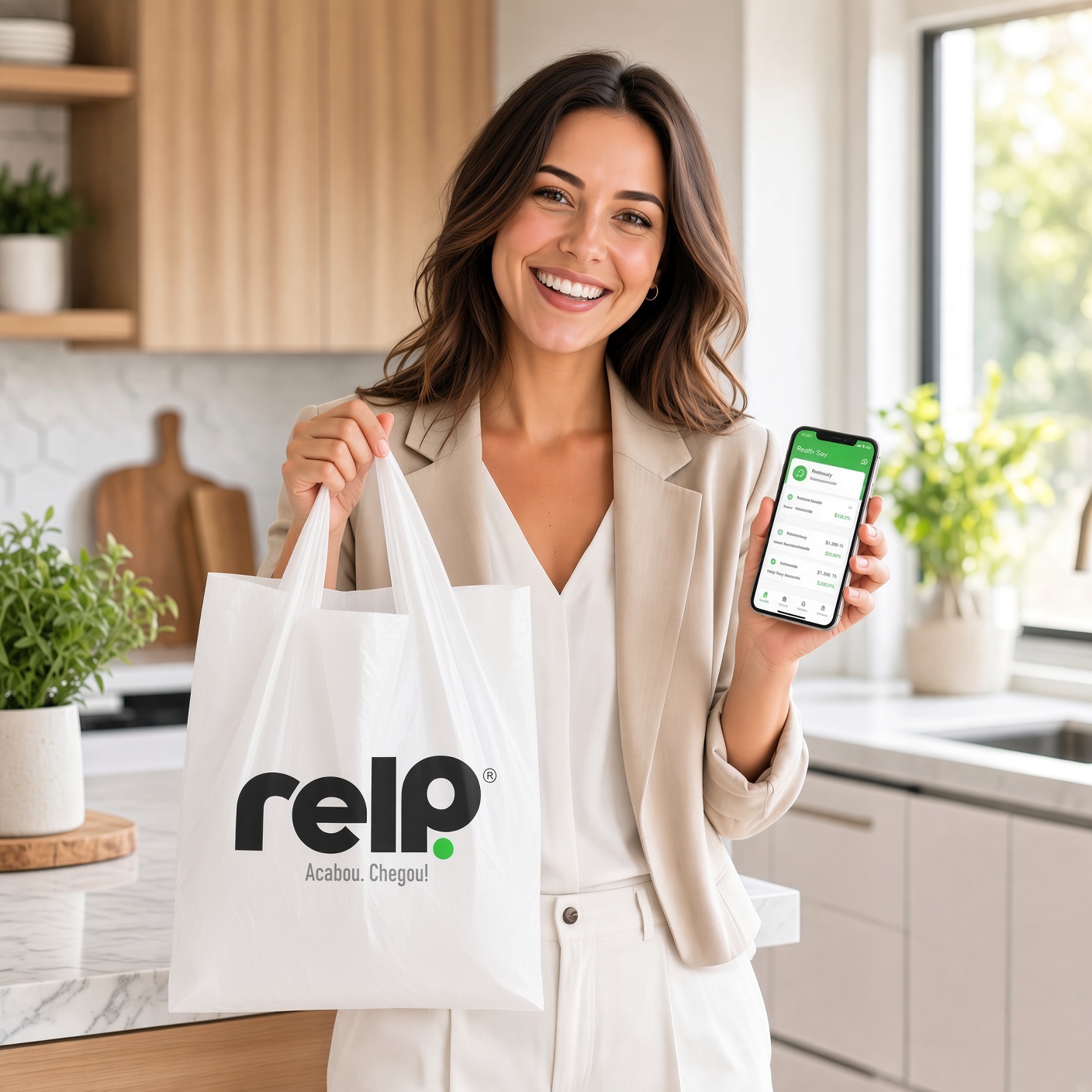 Cliente sorrindo na cozinha com a sacola relp. em uma das mãos e o celular na outra.