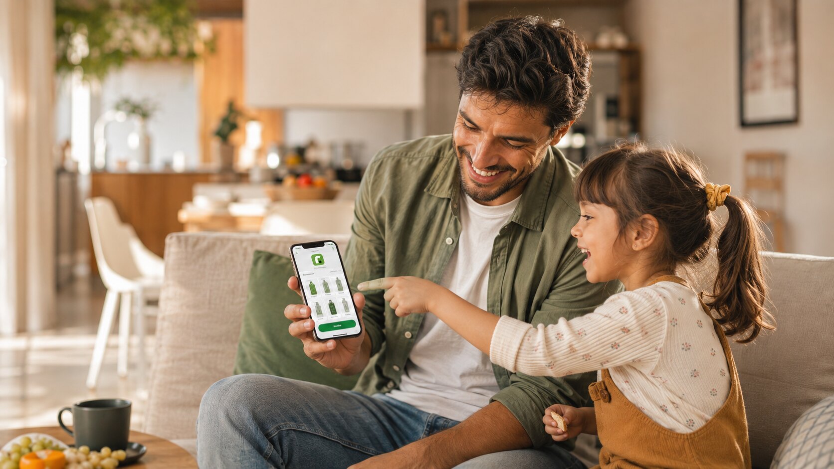 Pai e filha no sofá olhando juntos a tela de um celular.